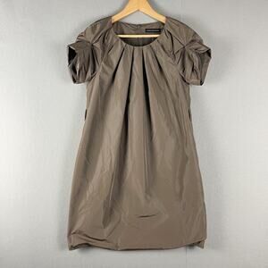 Morine Comte Marant Pleated Dress Womens 4 Tan A-Line Puff Sleeve Minimal Modern